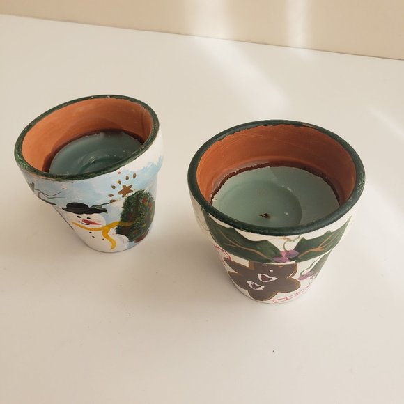 Set of 2 Hand-Painted Terra Cotta Pots & Candles - Snowman and Ginger Bread Man - Picture 4 of 4